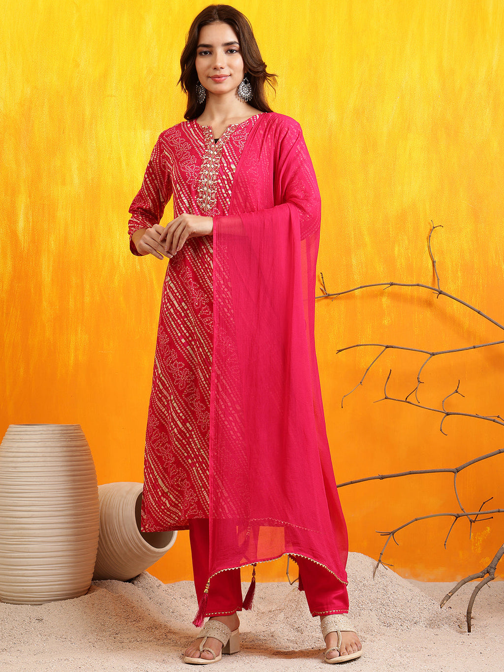Embroidered & bandhani printed Kurta with Pant & Dupatta (Pink) Hiralal Fashion