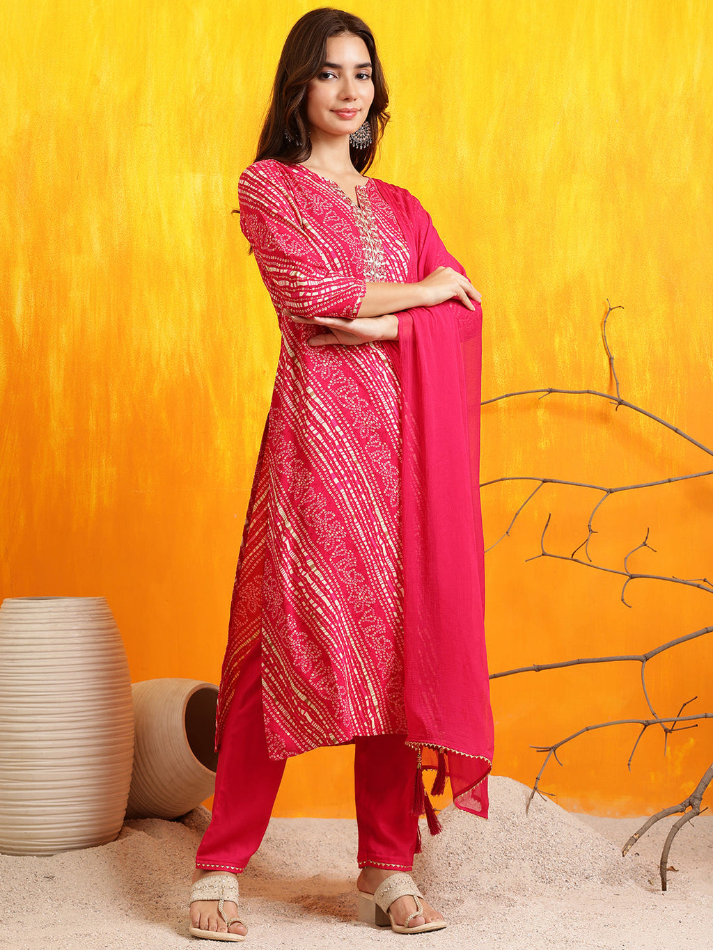 Embroidered & bandhani printed Kurta with Pant & Dupatta (Pink) Hiralal Fashion