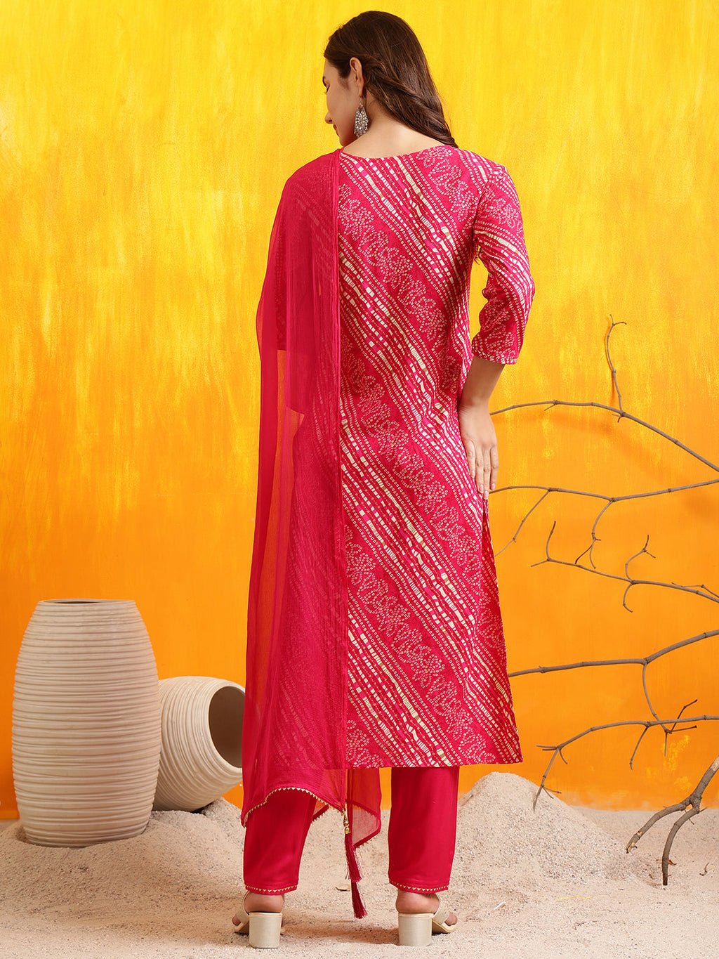 Embroidered & bandhani printed Kurta with Pant & Dupatta (Pink) Hiralal Fashion
