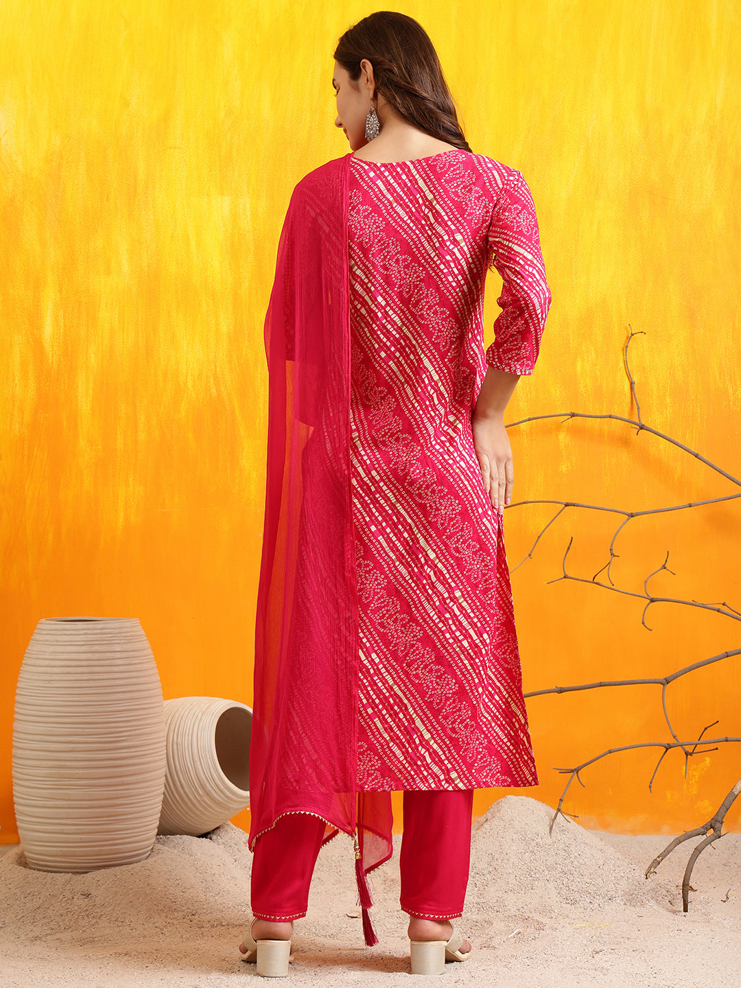 Embroidered & bandhani printed Kurta with Pant & Dupatta (Pink) Hiralal Fashion