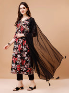 Alia cut Floral Printed & Embroidered Kurta with pant & dupatta (Black) Hiralal Fashion