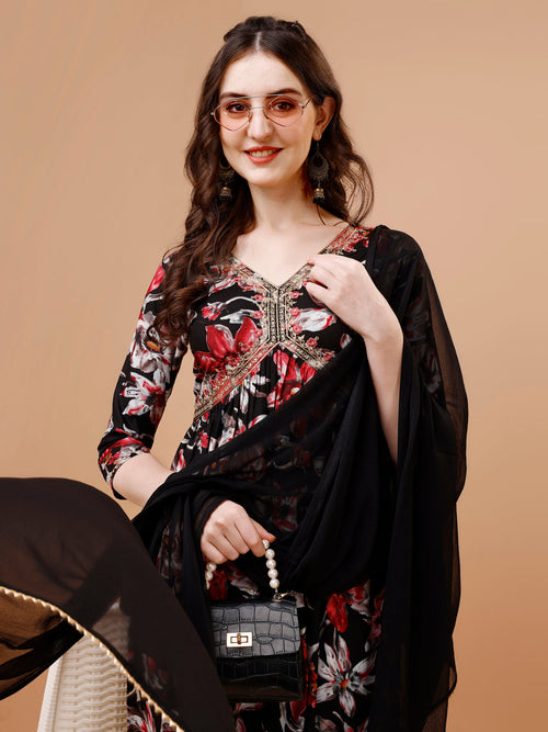 Alia cut Floral Printed & Embroidered Kurta with pant & dupatta (Black) Hiralal Fashion