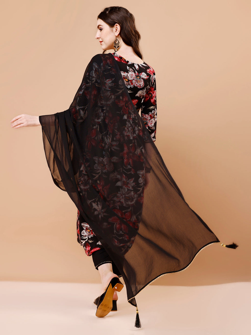 Alia cut Floral Printed & Embroidered Kurta with pant & dupatta (Black) Hiralal Fashion