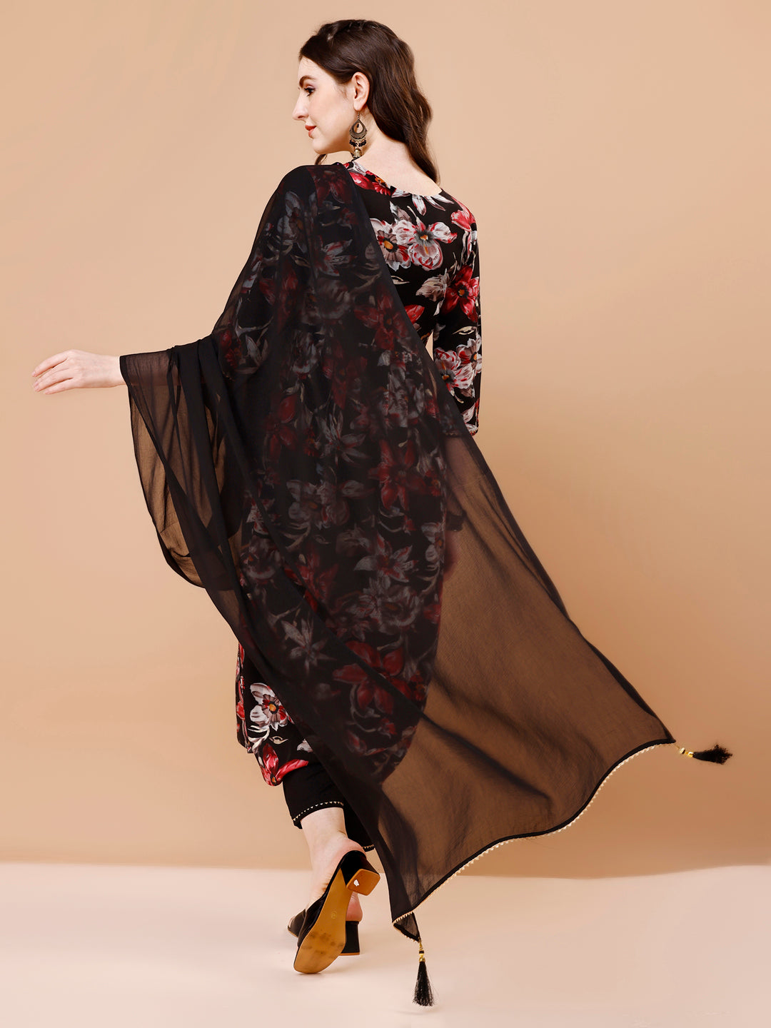 Alia cut Floral Printed & Embroidered Kurta with pant & dupatta (Black) Hiralal Fashion