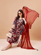 Alia cut Floral Printed & Embroidered Kurta with pant & dupatta (Maroon) Hiralal Fashion