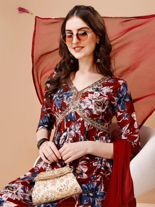 Alia cut Floral Printed & Embroidered Kurta with pant & dupatta (Maroon) Hiralal Fashion