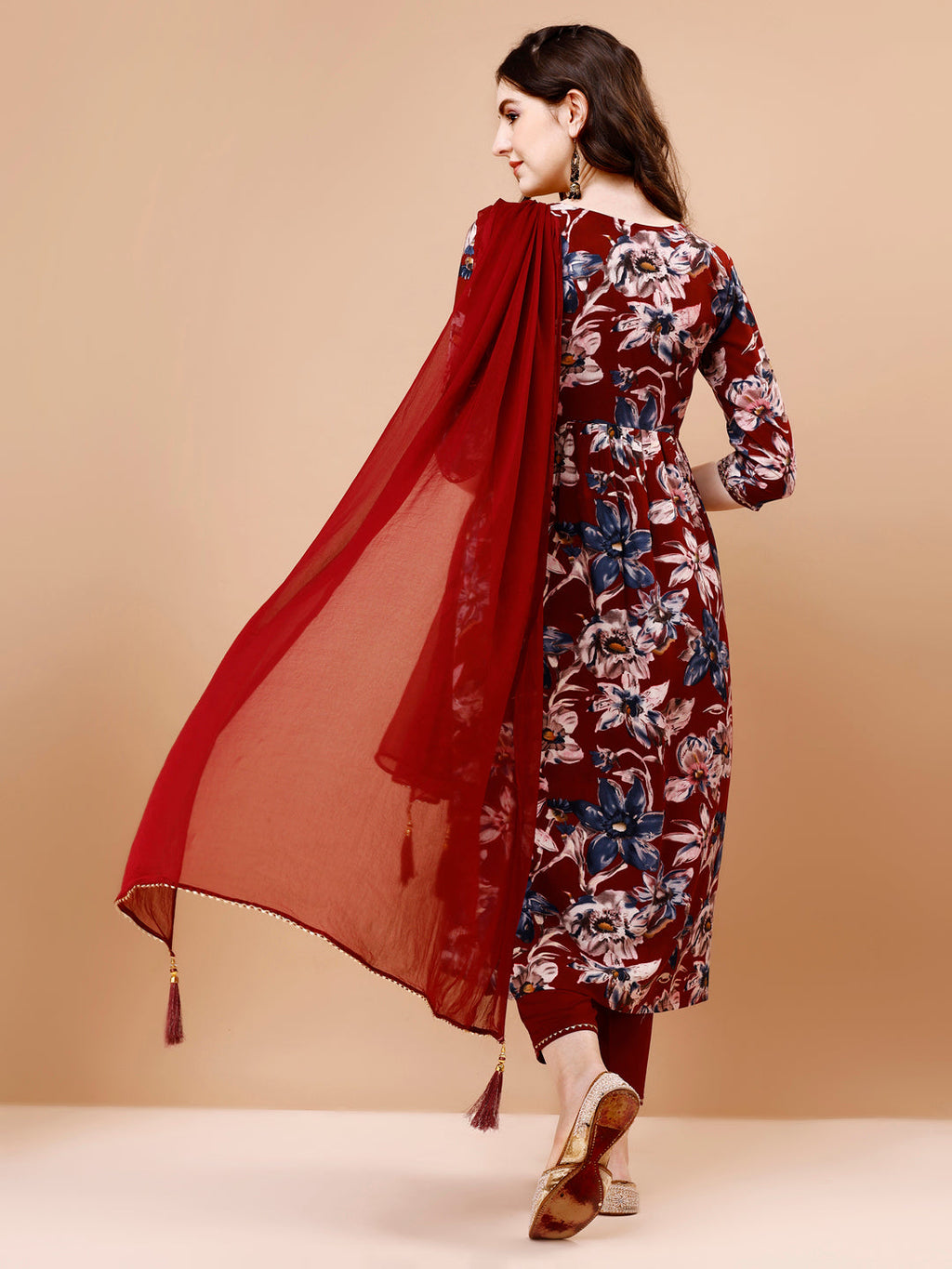 Alia cut Floral Printed & Embroidered Kurta with pant & dupatta (Maroon) Hiralal Fashion