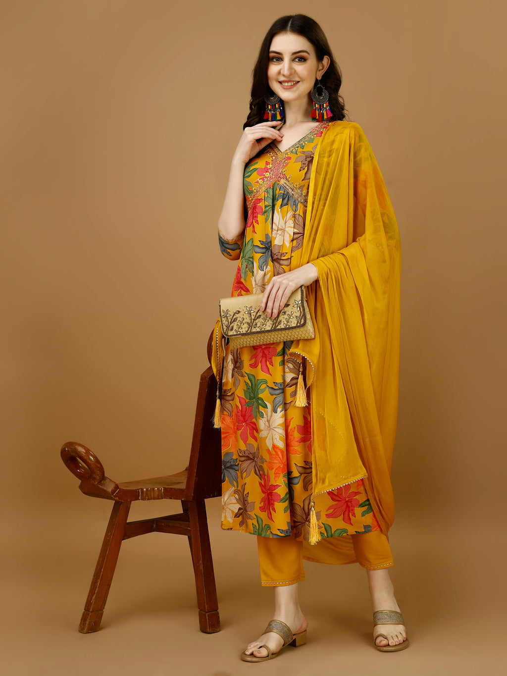 Alia cut Floral Printed & Embroidered Kurta with pant & dupatta (Mustard) Hiralal Fashion