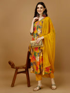 Alia cut Floral Printed & Embroidered Kurta with pant & dupatta (Mustard) Hiralal Fashion