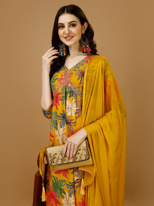 Alia cut Floral Printed & Embroidered Kurta with pant & dupatta (Mustard) Hiralal Fashion