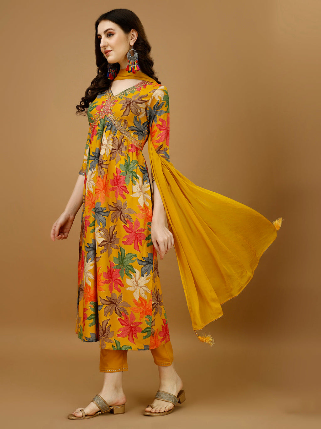 Alia cut Floral Printed & Embroidered Kurta with pant & dupatta (Mustard) Hiralal Fashion