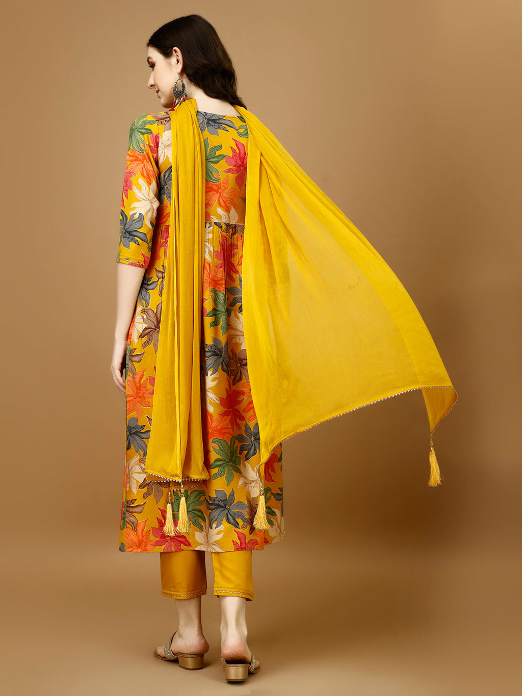 Alia cut Floral Printed & Embroidered Kurta with pant & dupatta (Mustard) Hiralal Fashion
