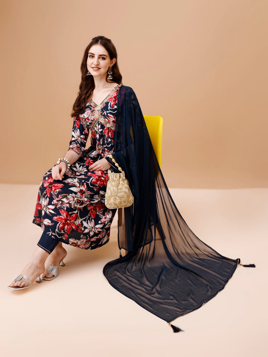 Alia cut Floral Printed & Embroidered Kurta with pant & dupatta (Navy Blue) Hiralal Fashion