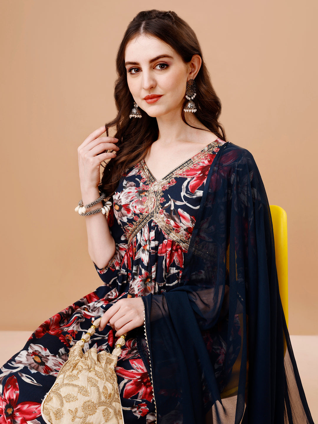 Alia cut Floral Printed & Embroidered Kurta with pant & dupatta (Navy Blue) Hiralal Fashion