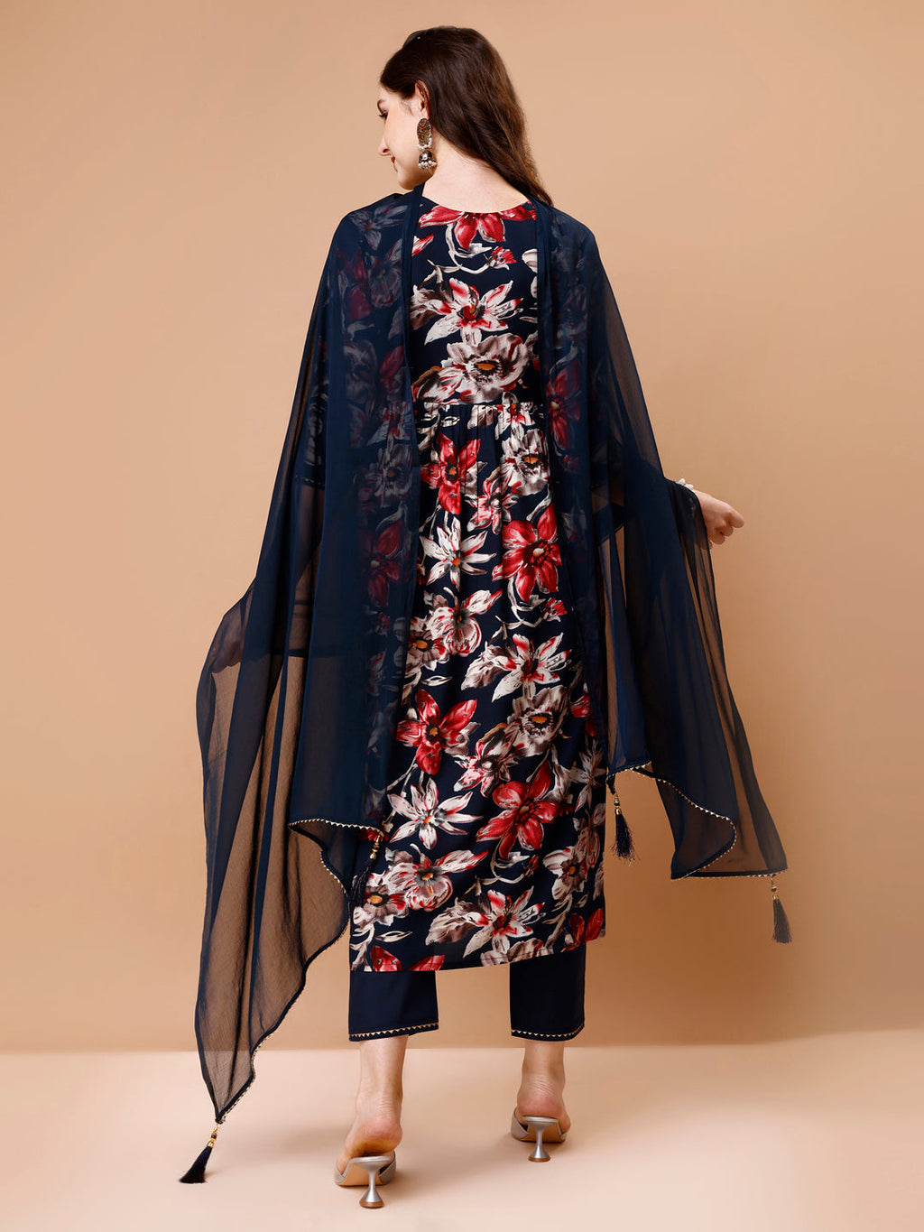 Alia cut Floral Printed & Embroidered Kurta with pant & dupatta (Navy Blue) Hiralal Fashion