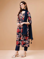 Alia cut Floral Printed & Embroidered Kurta with pant & dupatta (Navy Blue) Hiralal Fashion