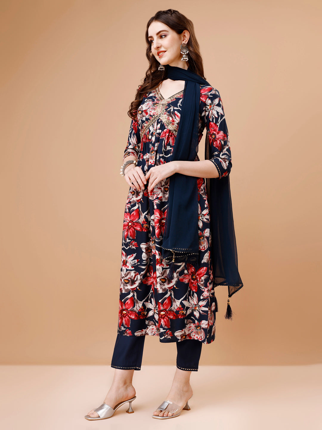 Alia cut Floral Printed & Embroidered Kurta with pant & dupatta (Navy Blue) Hiralal Fashion
