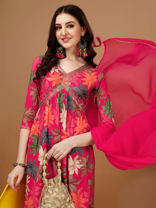Alia cut Floral Printed & Embroidered Kurta with pant & dupatta (Pink) Hiralal Fashion