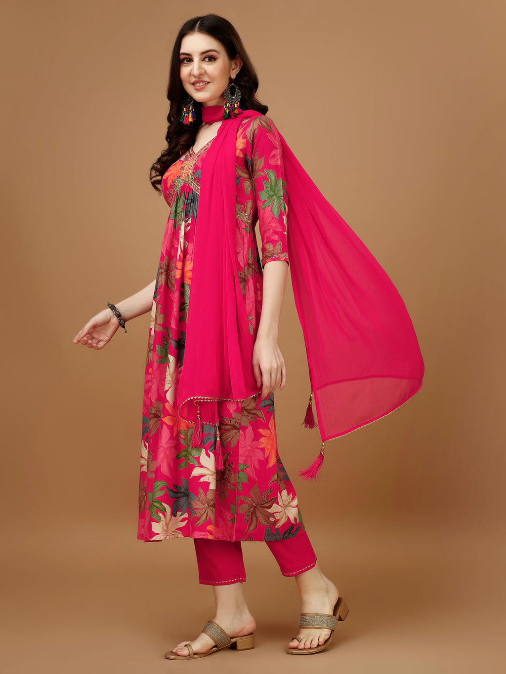 Alia cut Floral Printed & Embroidered Kurta with pant & dupatta (Pink) Hiralal Fashion