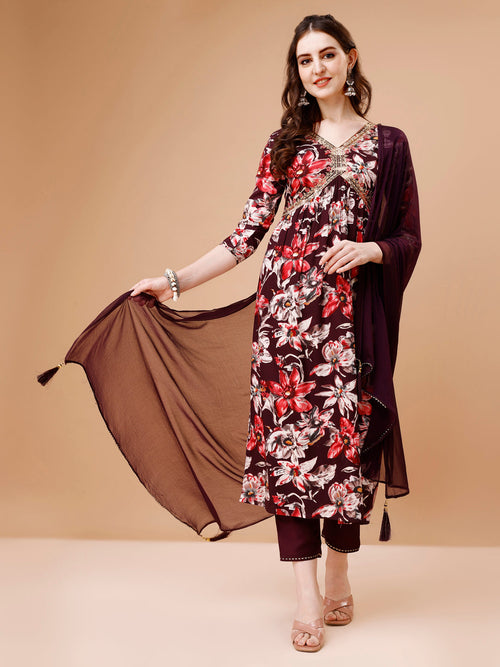 Alia cut Floral Printed & Embroidered Kurta with pant & dupatta (Wine) Hiralal Fashion