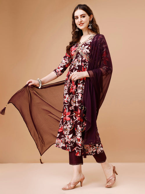 Alia cut Floral Printed & Embroidered Kurta with pant & dupatta (Wine) Hiralal Fashion