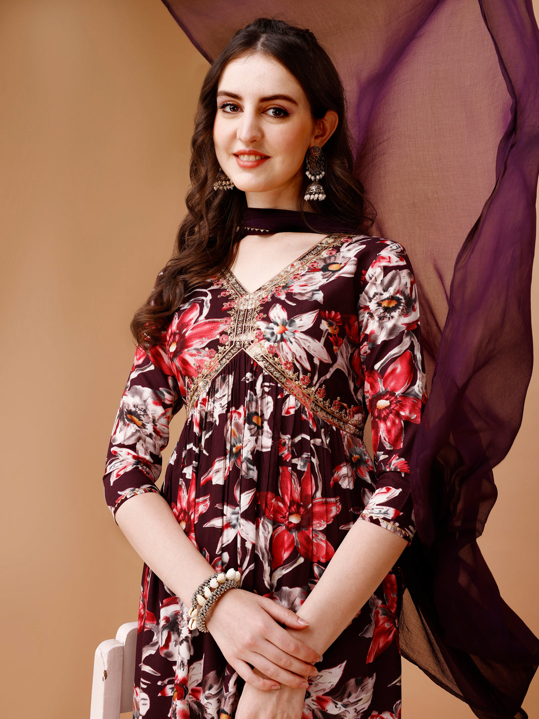 Alia cut Floral Printed & Embroidered Kurta with pant & dupatta (Wine) Hiralal Fashion