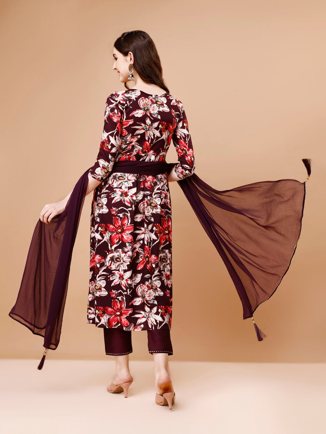 Alia cut Floral Printed & Embroidered Kurta with pant & dupatta (Wine) Hiralal Fashion