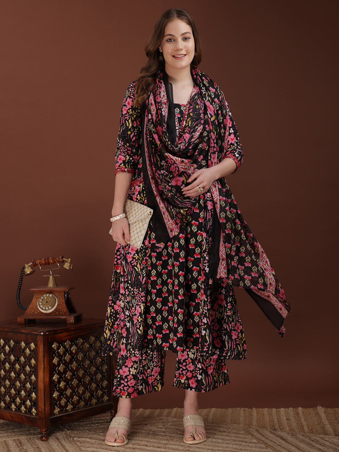 Floral Printed kurta set with  Embroidered lace detailing and Pant and matching dupatta (Black) Hiralal Fashion