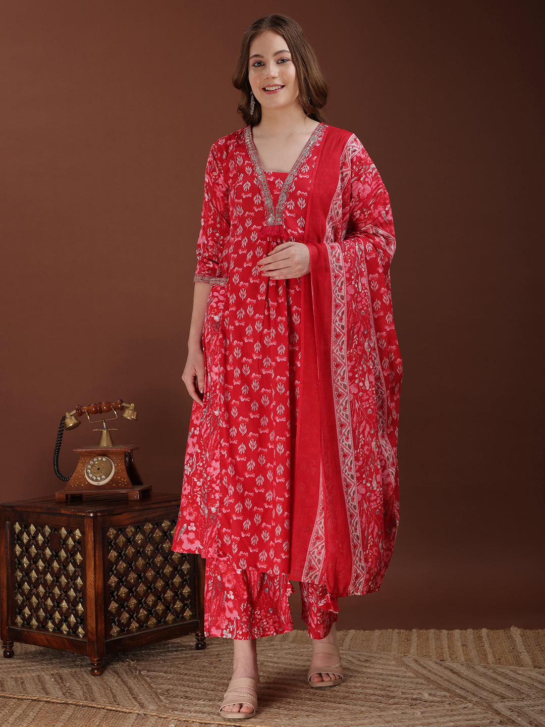 Floral Printed kurta set with  Embroidered lace detailing and Pant and matching dupatta (Red) Hiralal Fashion