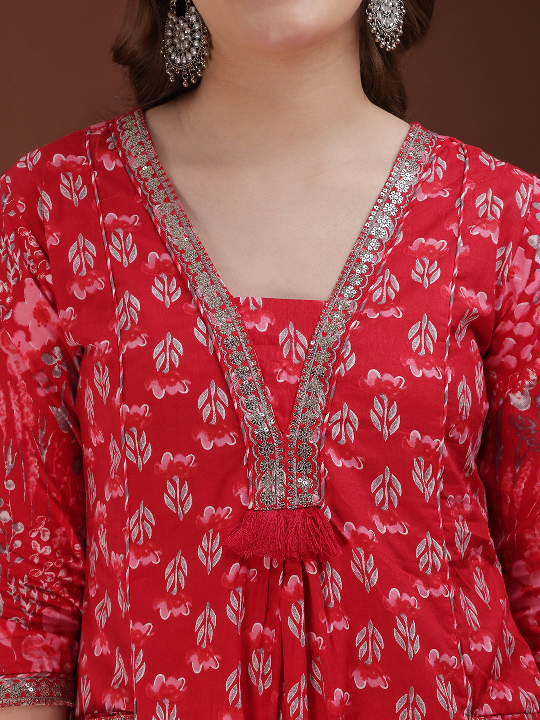 Floral Printed kurta set with  Embroidered lace detailing and Pant and matching dupatta (Red) Hiralal Fashion