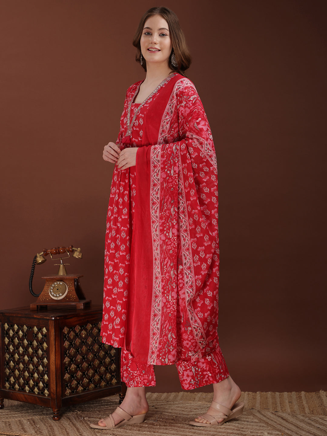 Floral Printed kurta set with  Embroidered lace detailing and Pant and matching dupatta (Red) Hiralal Fashion