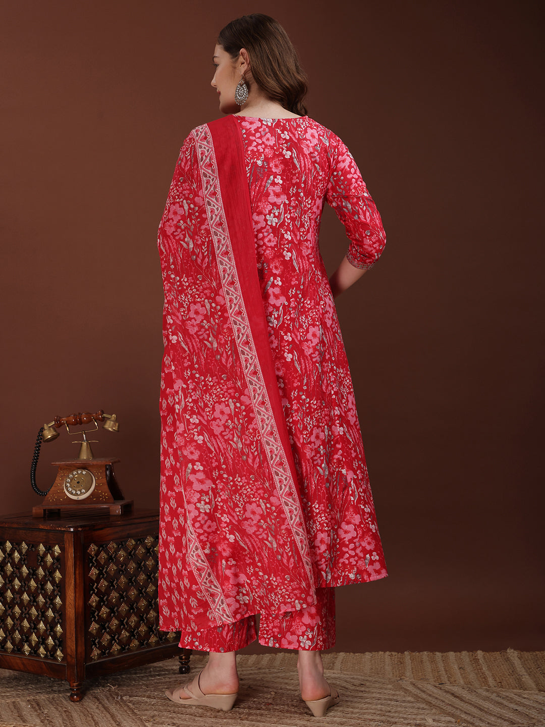 Floral Printed kurta set with  Embroidered lace detailing and Pant and matching dupatta (Red) Hiralal Fashion