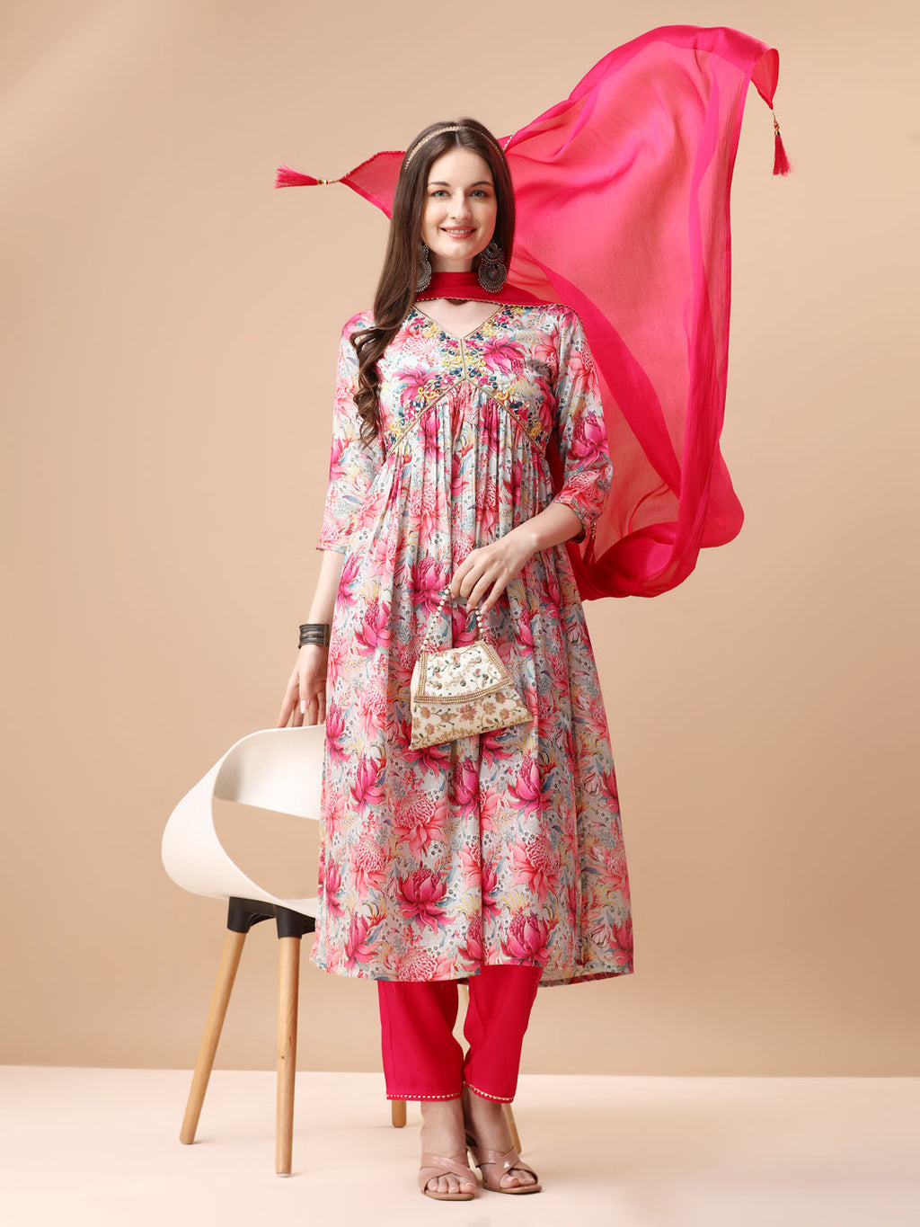 Alia Cut Hand Embroidered & Floral Printed Kurta with pant & dupatta (Pink) Hiralal Fashion