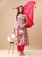 Alia Cut Hand Embroidered & Floral Printed Kurta with pant & dupatta (Pink) Hiralal Fashion