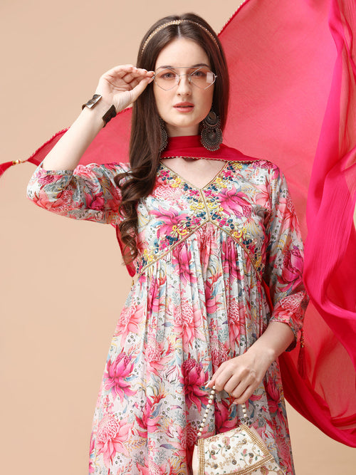 Alia Cut Hand Embroidered & Floral Printed Kurta with pant & dupatta (Pink) Hiralal Fashion
