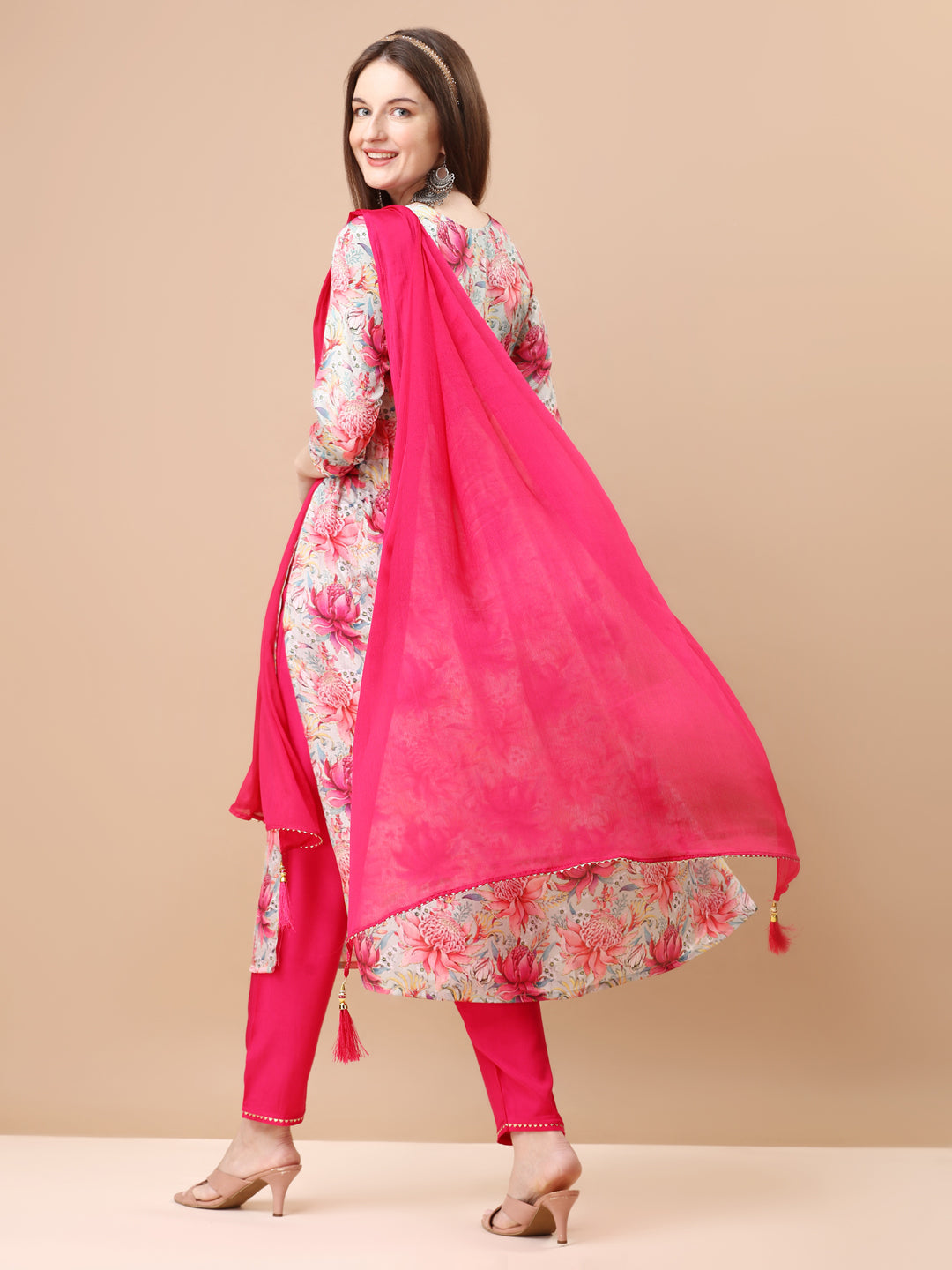 Alia Cut Hand Embroidered & Floral Printed Kurta with pant & dupatta (Pink) Hiralal Fashion