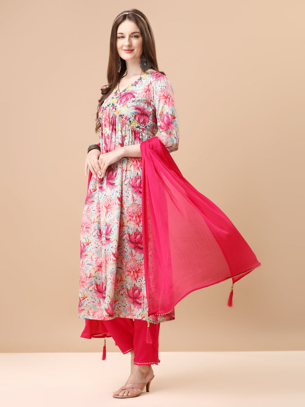 Alia Cut Hand Embroidered & Floral Printed Kurta with pant & dupatta (Pink) Hiralal Fashion