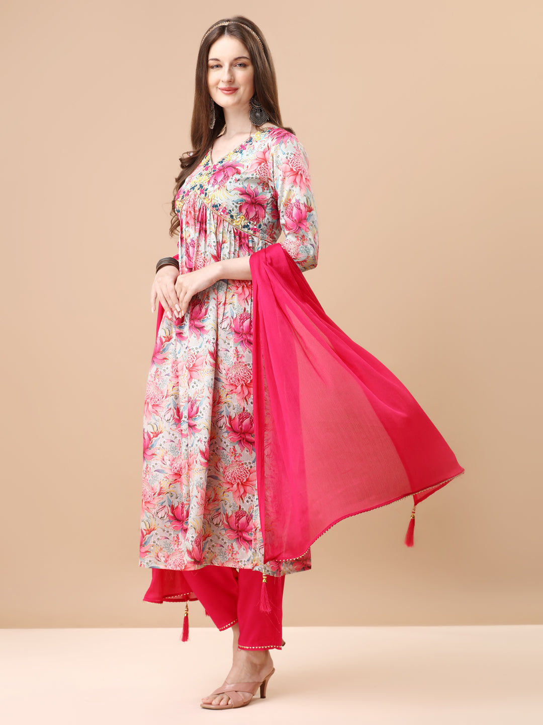 Alia Cut Hand Embroidered & Floral Printed Kurta with pant & dupatta (Pink) Hiralal Fashion