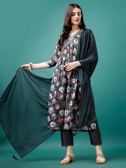 Alia Cut Hand Embroidered & Floral Printed Kurta with pant & dupatta (Grey) Hiralal Fashion