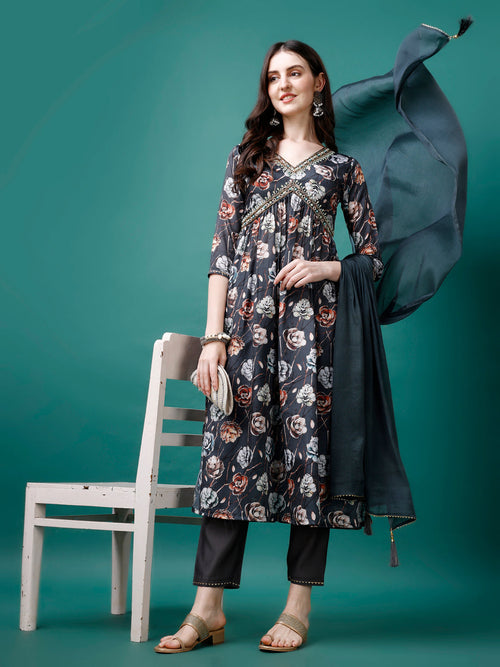 Alia Cut Hand Embroidered & Floral Printed Kurta with pant & dupatta (Grey) Hiralal Fashion
