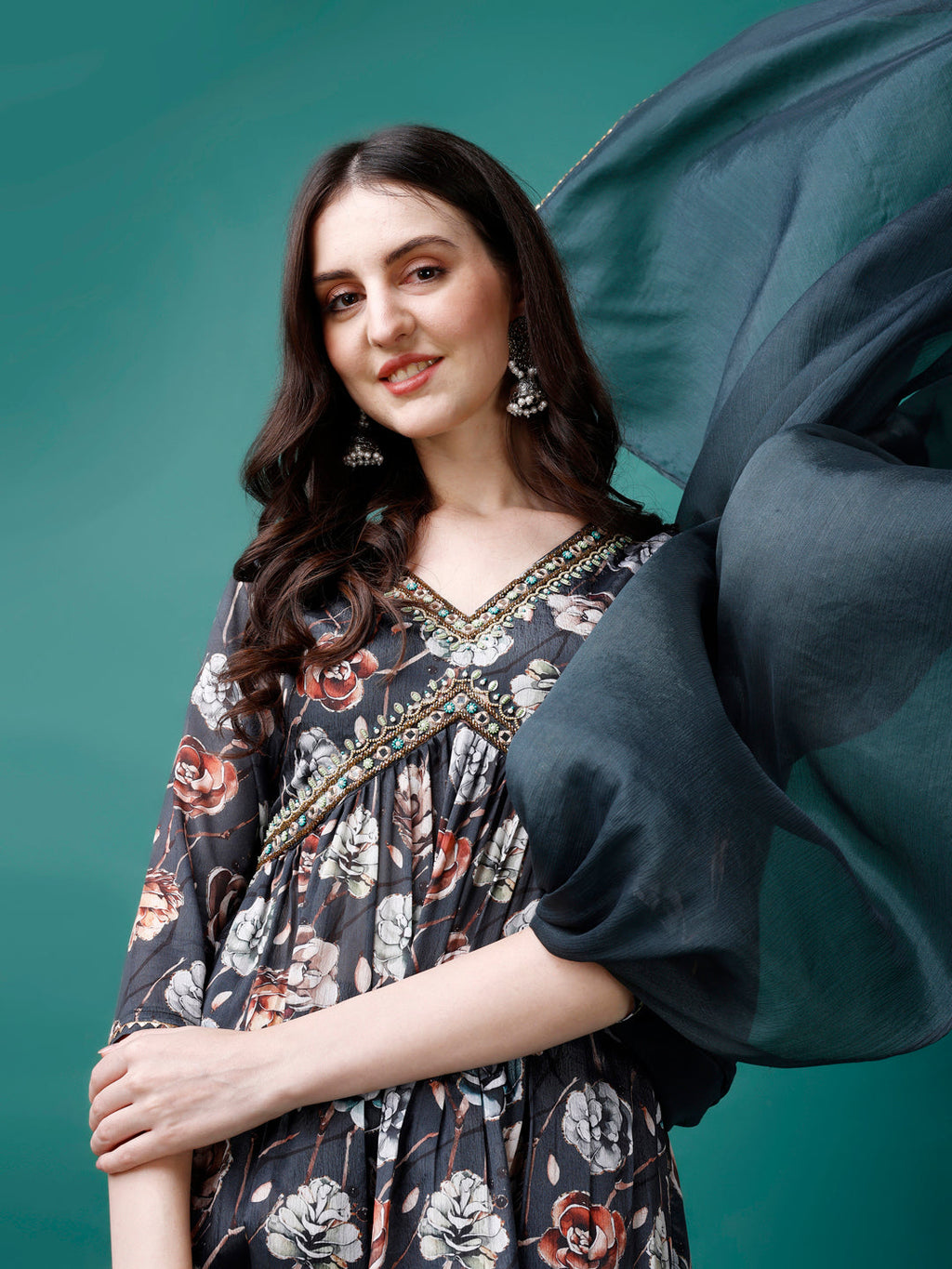 Alia Cut Hand Embroidered & Floral Printed Kurta with pant & dupatta (Grey) Hiralal Fashion