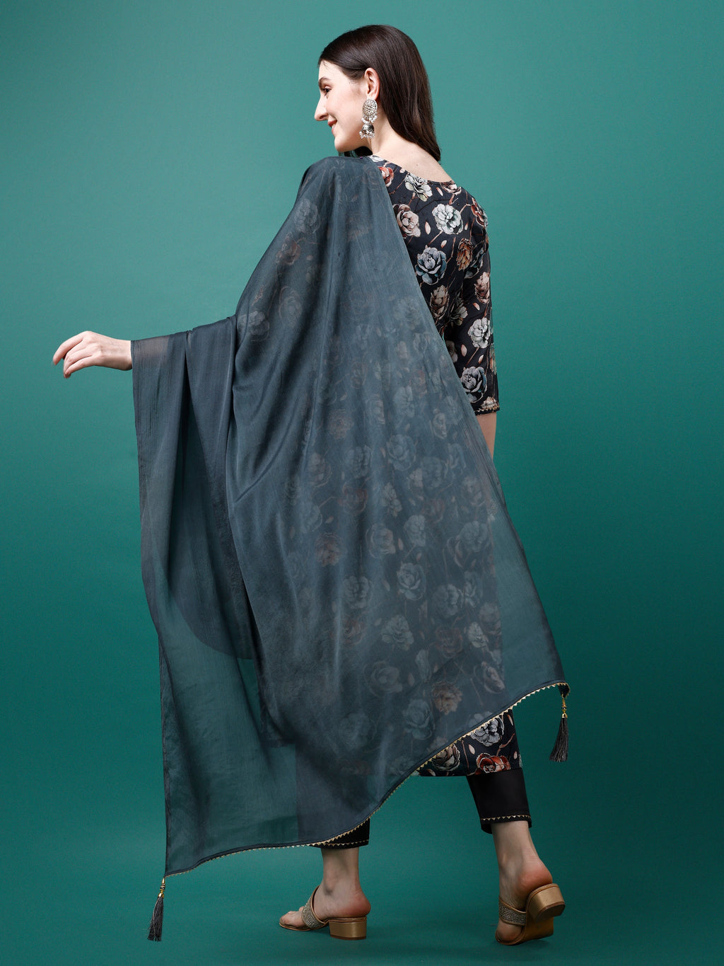 Alia Cut Hand Embroidered & Floral Printed Kurta with pant & dupatta (Grey) Hiralal Fashion