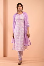 Block Printed White Purple Cotton Suit with Embroidered Kota Doriya Dupatta- Set of 3 Bada Boota