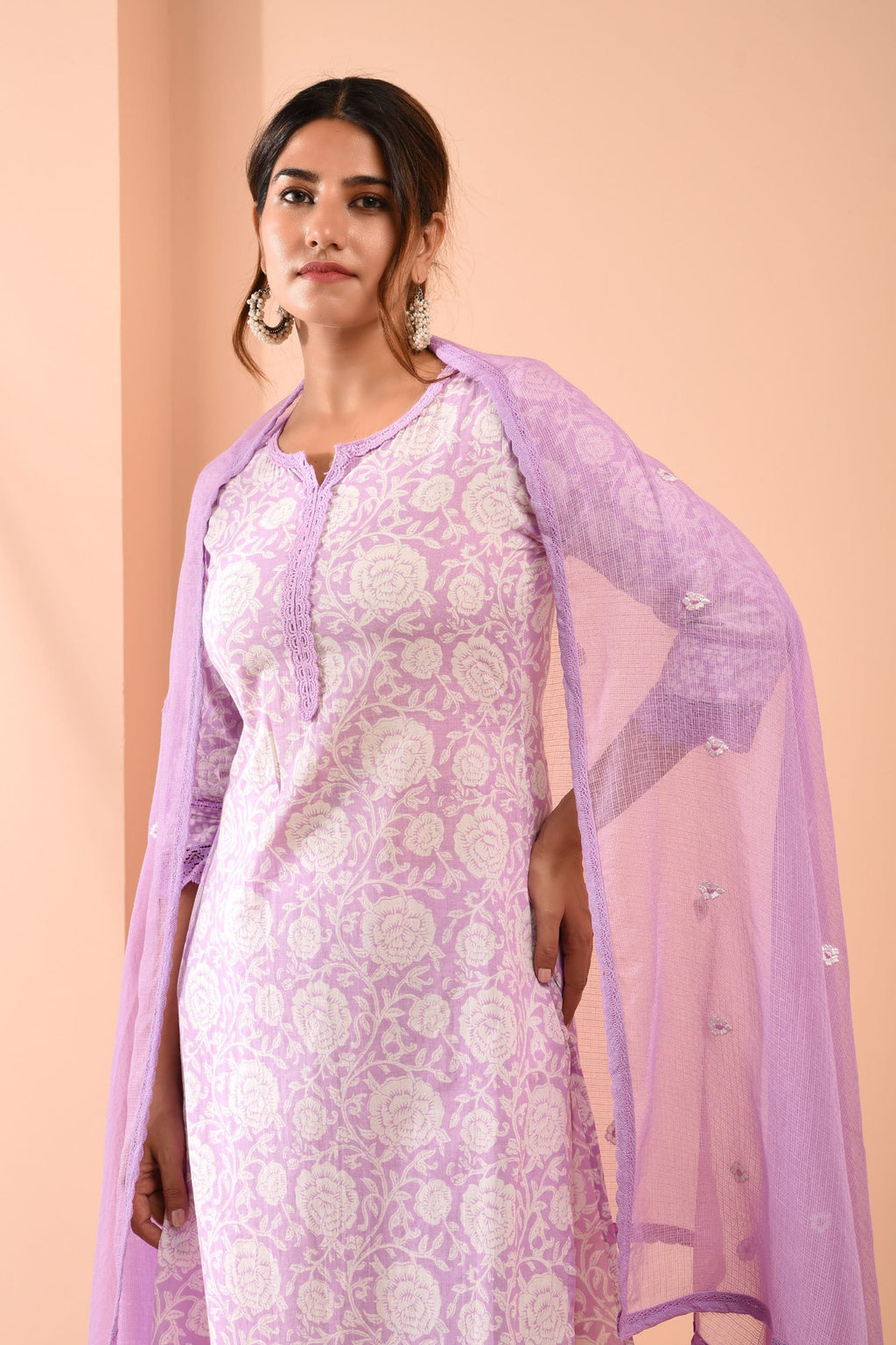 Block Printed White Purple Cotton Suit with Embroidered Kota Doriya Dupatta- Set of 3 Bada Boota