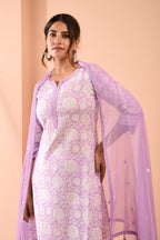 Block Printed White Purple Cotton Suit with Embroidered Kota Doriya Dupatta- Set of 3 Bada Boota