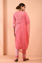 Block Printed Pink Cotton Suit with Embroidered Kota Doriya Dupatta- Set of 3 Bada Boota
