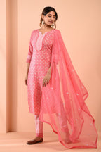 Block Printed Pink Cotton Suit with Embroidered Kota Doriya Dupatta- Set of 3 Bada Boota