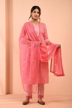 Block Printed Pink Cotton Suit with Embroidered Kota Doriya Dupatta- Set of 3 Bada Boota