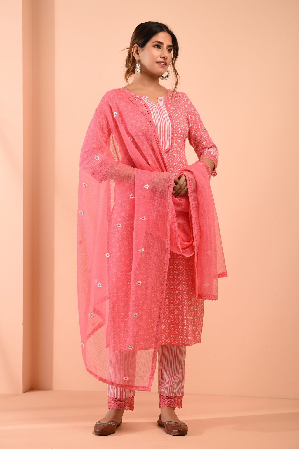 Block Printed Pink Cotton Suit with Embroidered Kota Doriya Dupatta- Set of 3 Bada Boota