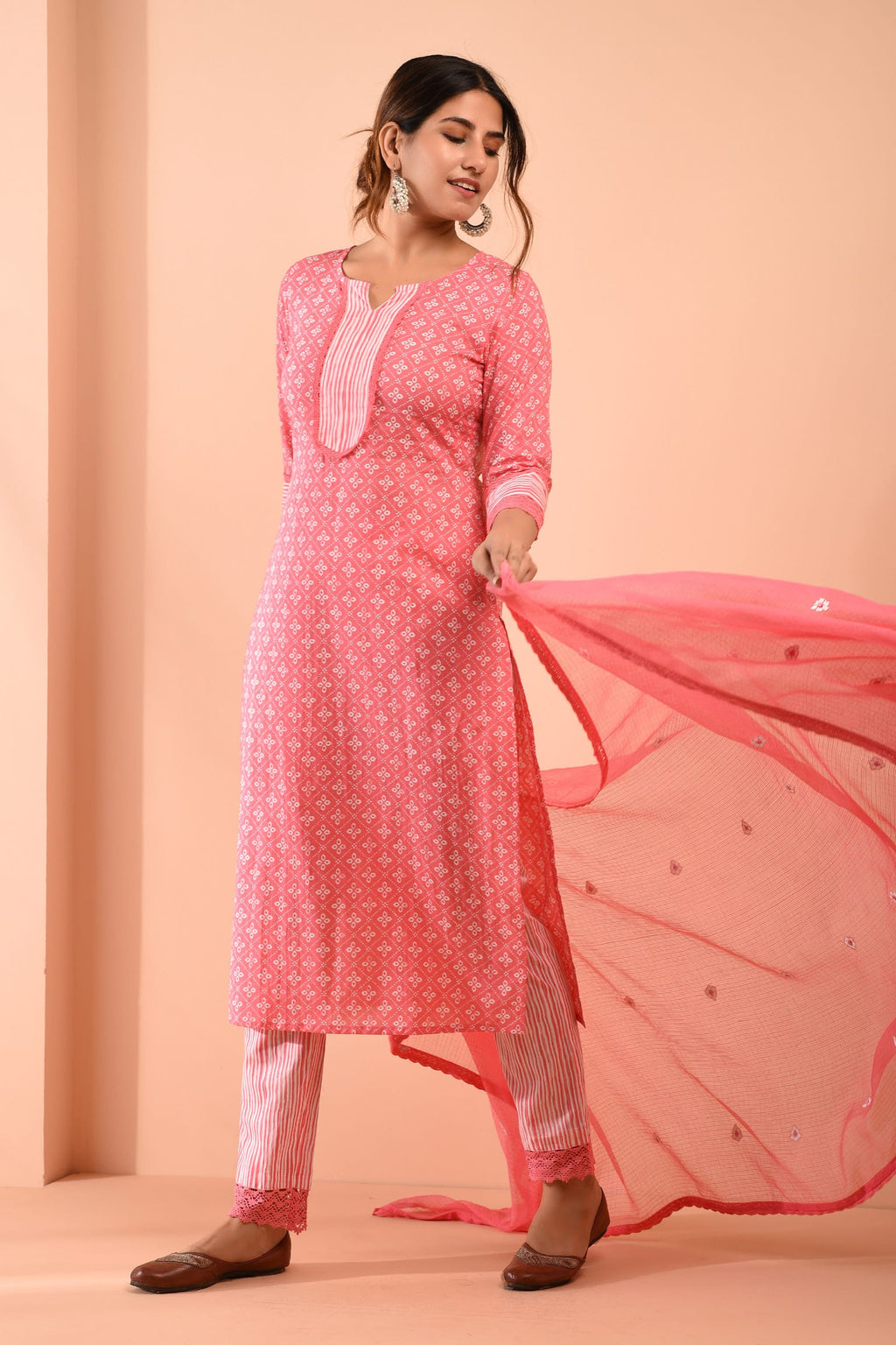 Block Printed Pink Cotton Suit with Embroidered Kota Doriya Dupatta- Set of 3 Bada Boota